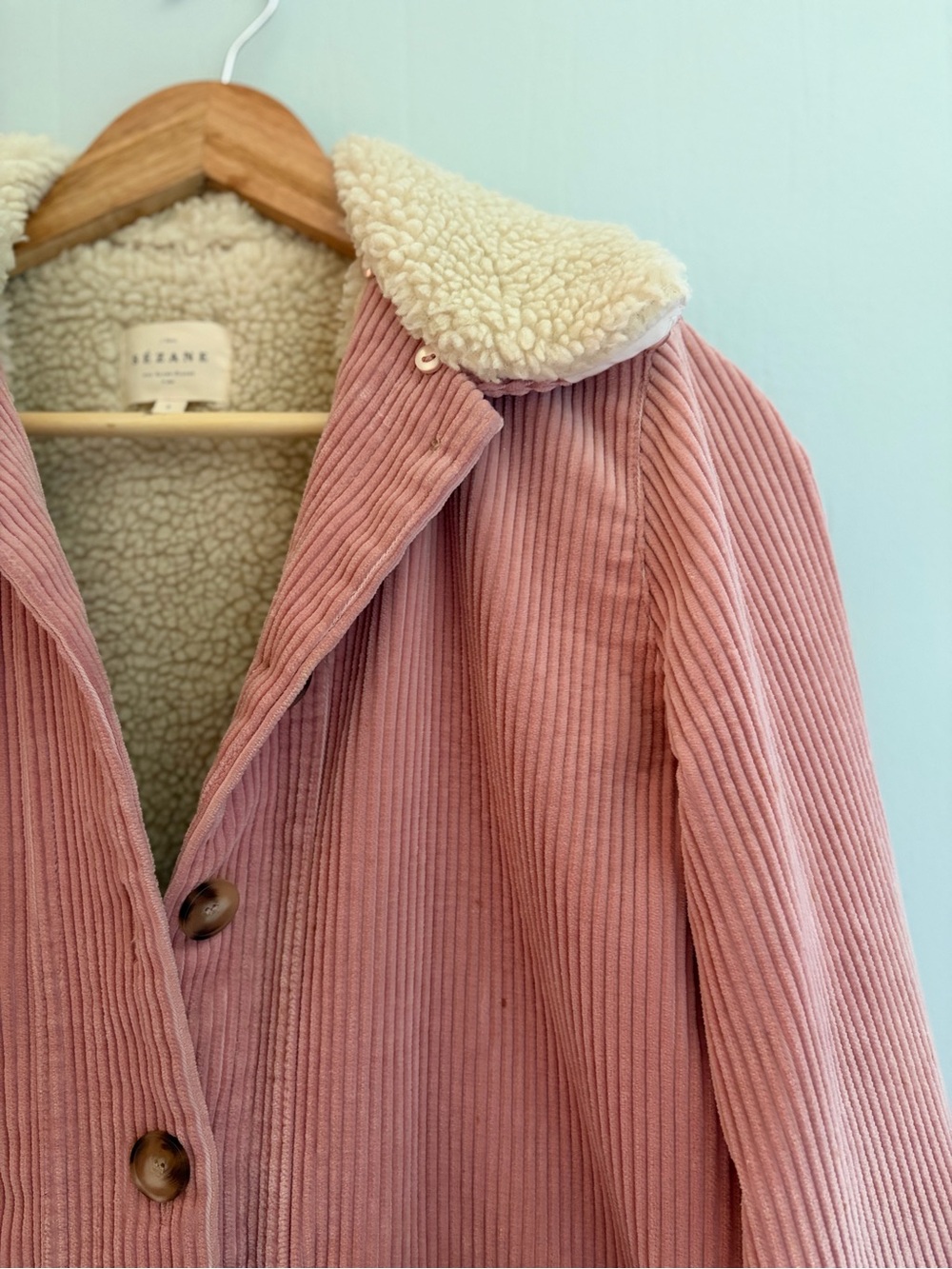 Sezane Will Jacket Womens Small Pink Corduroy Shearling Collar Coat - Picture 4 of 16
